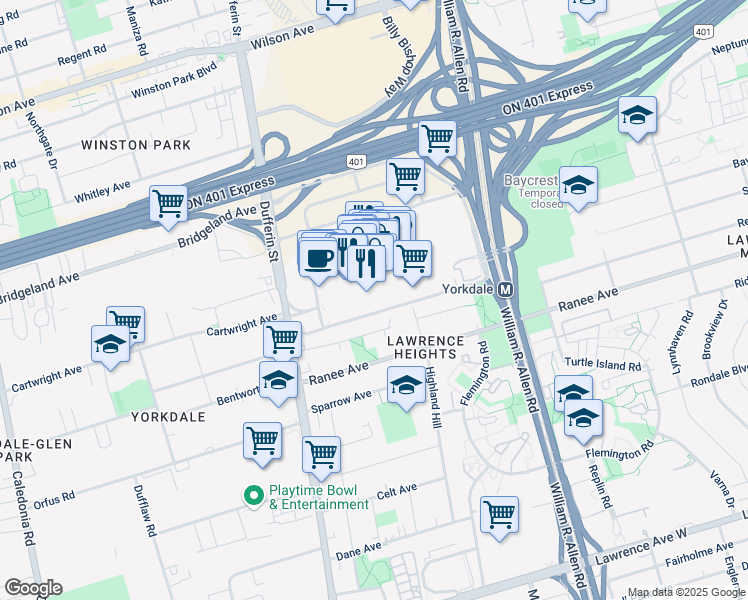 map of restaurants, bars, coffee shops, grocery stores, and more near 3401 Dufferin Street in Toronto