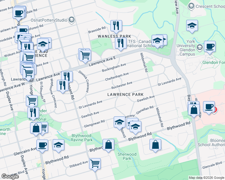 map of restaurants, bars, coffee shops, grocery stores, and more near 85 Rochester Avenue in Toronto