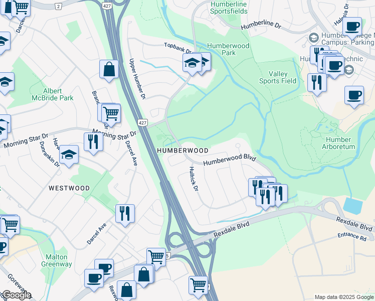 map of restaurants, bars, coffee shops, grocery stores, and more near 75 Westowanis Drive in Toronto