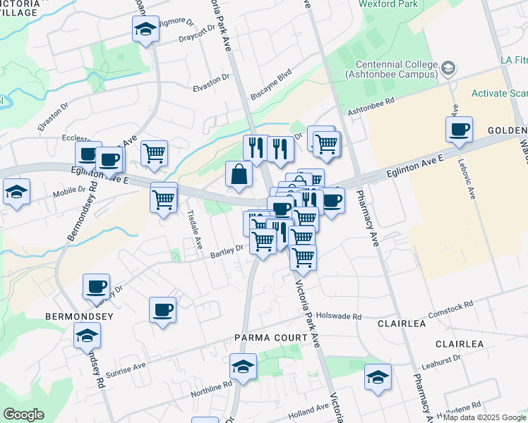 map of restaurants, bars, coffee shops, grocery stores, and more near in Toronto