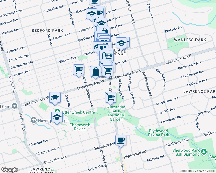 map of restaurants, bars, coffee shops, grocery stores, and more near 3080 Yonge Street in Toronto