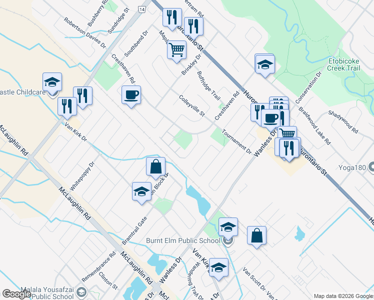map of restaurants, bars, coffee shops, grocery stores, and more near 31 Torada Court in Brampton