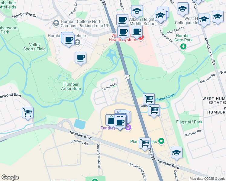 map of restaurants, bars, coffee shops, grocery stores, and more near Pedigree Mews in Toronto