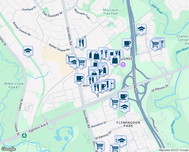 map of restaurants, bars, coffee shops, grocery stores, and more near 50 Gervais Drive in Toronto