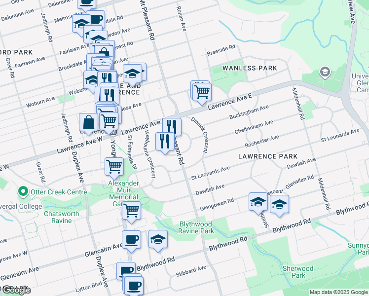 map of restaurants, bars, coffee shops, grocery stores, and more near 47 Lawrence Crescent in Toronto
