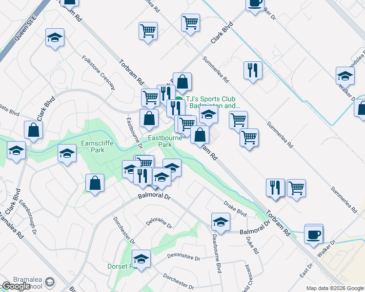 map of restaurants, bars, coffee shops, grocery stores, and more near 8560 Torbram Road in Brampton