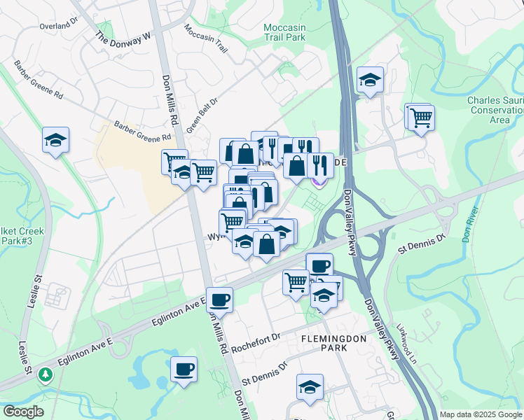 map of restaurants, bars, coffee shops, grocery stores, and more near 40 Wynford Drive in Toronto