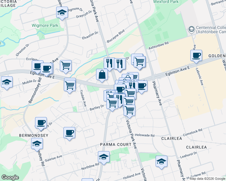 map of restaurants, bars, coffee shops, grocery stores, and more near in Toronto