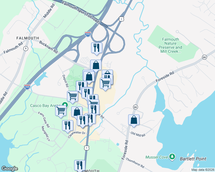 map of restaurants, bars, coffee shops, grocery stores, and more near 251 U.S. 1 in Falmouth