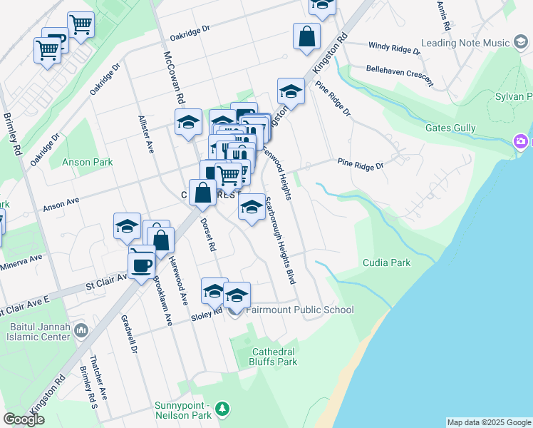 map of restaurants, bars, coffee shops, grocery stores, and more near 64 Scarborough Heights Boulevard in Toronto