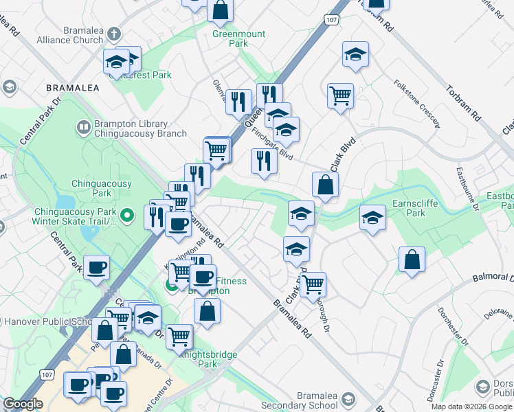 map of restaurants, bars, coffee shops, grocery stores, and more near 475 Bramalea Road in Brampton