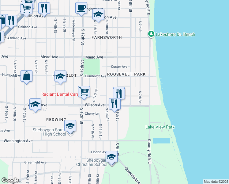 map of restaurants, bars, coffee shops, grocery stores, and more near 2730 South 9th Street in Sheboygan
