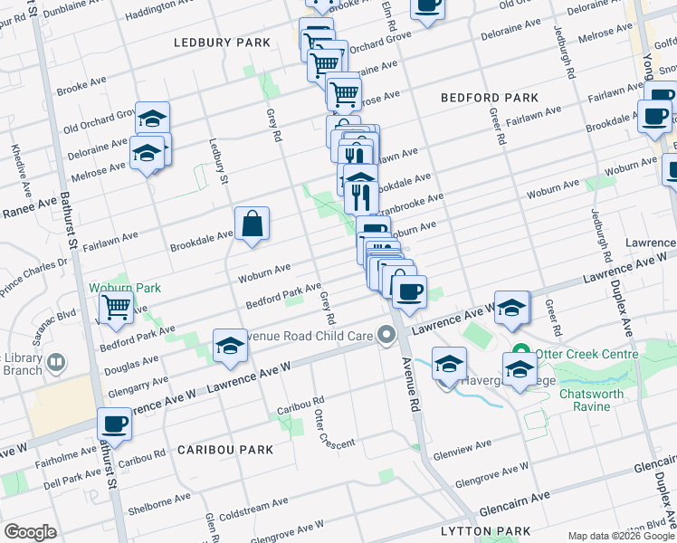 map of restaurants, bars, coffee shops, grocery stores, and more near 386 Bedford Park Avenue in Toronto