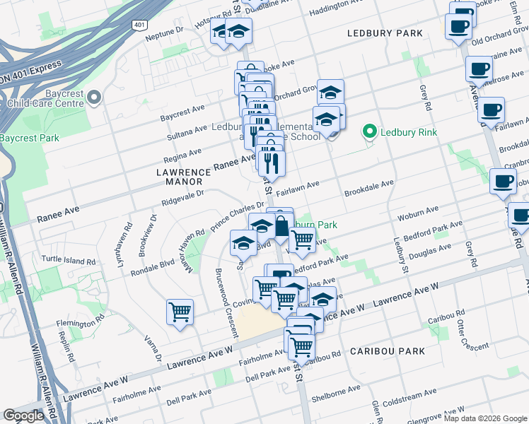 map of restaurants, bars, coffee shops, grocery stores, and more near 3270 Bathurst Street in Toronto