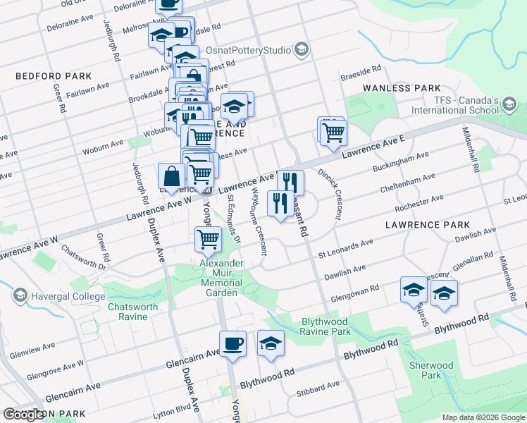 map of restaurants, bars, coffee shops, grocery stores, and more near 60 Lympstone Avenue in Toronto