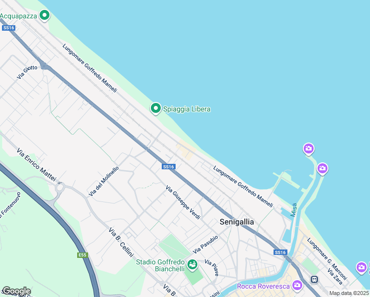 map of restaurants, bars, coffee shops, grocery stores, and more near 78 Lungomare Mameli in Senigallia