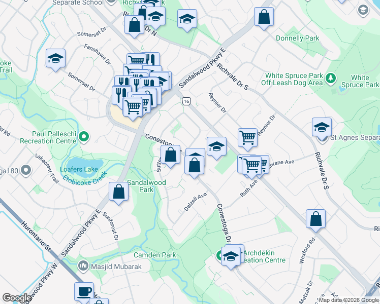 map of restaurants, bars, coffee shops, grocery stores, and more near 148 Primrose Crescent in Brampton