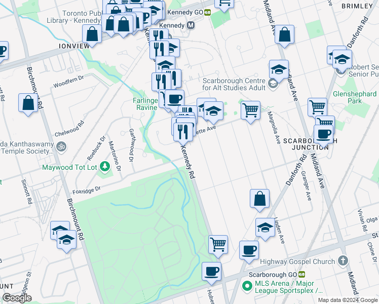 map of restaurants, bars, coffee shops, grocery stores, and more near in Toronto
