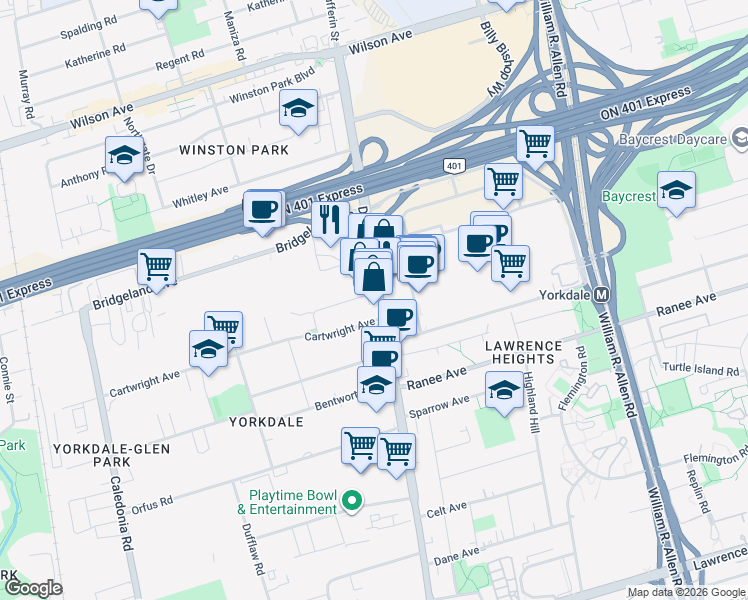 map of restaurants, bars, coffee shops, grocery stores, and more near 3400 Dufferin Street in Toronto