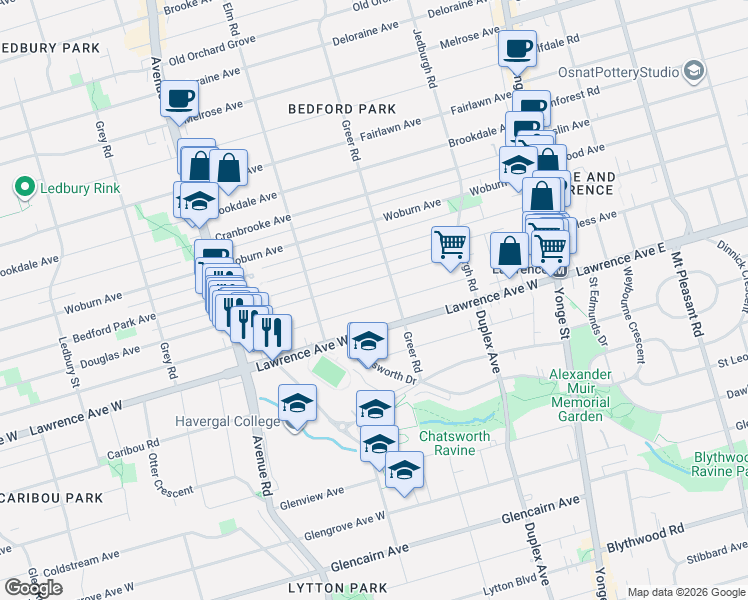 map of restaurants, bars, coffee shops, grocery stores, and more near 130 Glengarry Avenue in Toronto