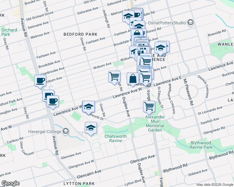 map of restaurants, bars, coffee shops, grocery stores, and more near 76 Lawrence Avenue West in Toronto