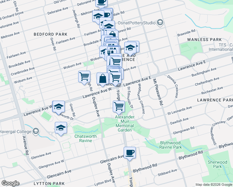 map of restaurants, bars, coffee shops, grocery stores, and more near 3018 Yonge Street in Toronto