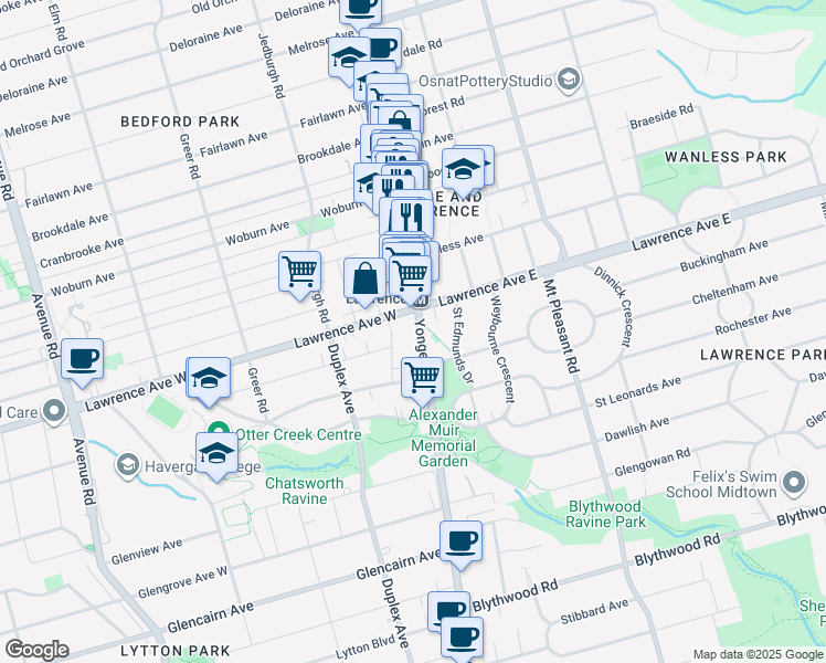 map of restaurants, bars, coffee shops, grocery stores, and more near 3018 Yonge Street in Toronto