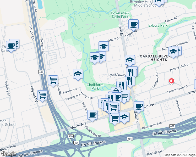 map of restaurants, bars, coffee shops, grocery stores, and more near 160 Chalkfarm Drive in Toronto