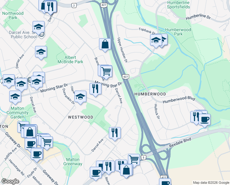 map of restaurants, bars, coffee shops, grocery stores, and more near 7055 Harwick Drive in Mississauga