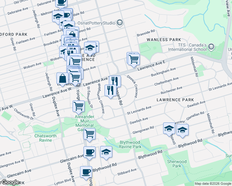 map of restaurants, bars, coffee shops, grocery stores, and more near 1396 Mount Pleasant Road in Toronto