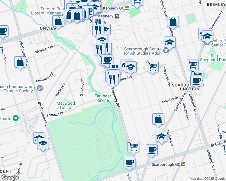 map of restaurants, bars, coffee shops, grocery stores, and more near 599 Kennedy Road in Toronto
