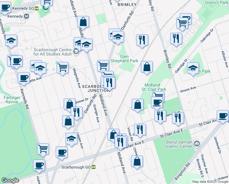 map of restaurants, bars, coffee shops, grocery stores, and more near 8 Greystone Walk Drive in Toronto