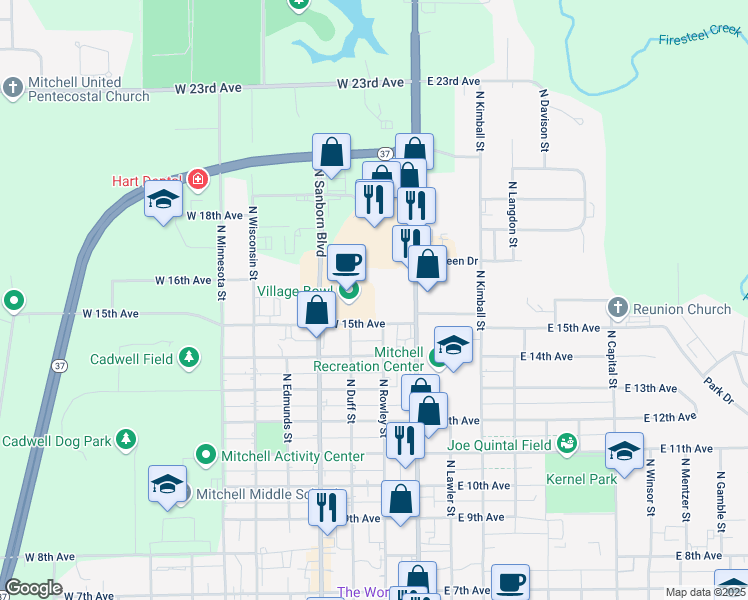 map of restaurants, bars, coffee shops, grocery stores, and more near 206 West 15th Avenue in Mitchell