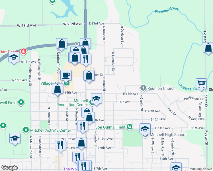 map of restaurants, bars, coffee shops, grocery stores, and more near 1500 North Kimball Street in Mitchell