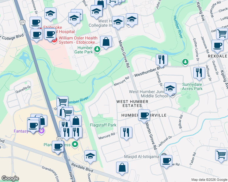 map of restaurants, bars, coffee shops, grocery stores, and more near 95 Kearney Drive in Toronto