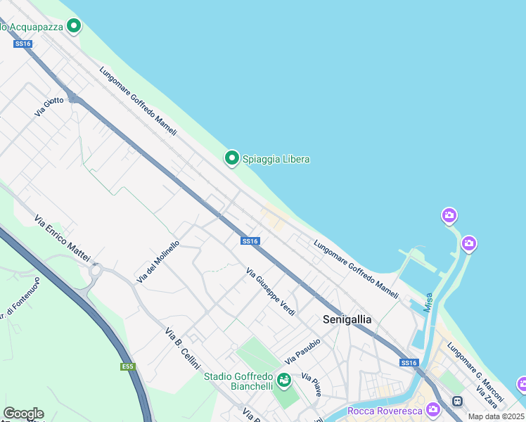 map of restaurants, bars, coffee shops, grocery stores, and more near 78 Lungomare Goffredo Mameli in Senigallia