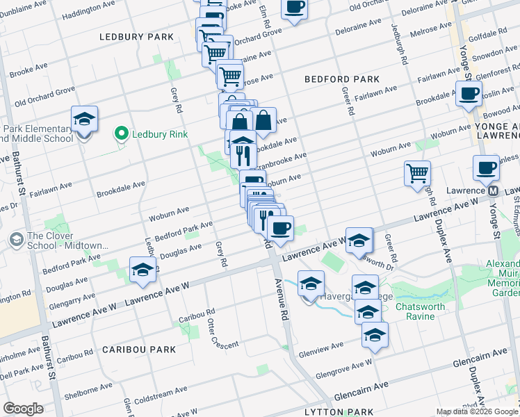 map of restaurants, bars, coffee shops, grocery stores, and more near Bedford Park Avenue in Toronto
