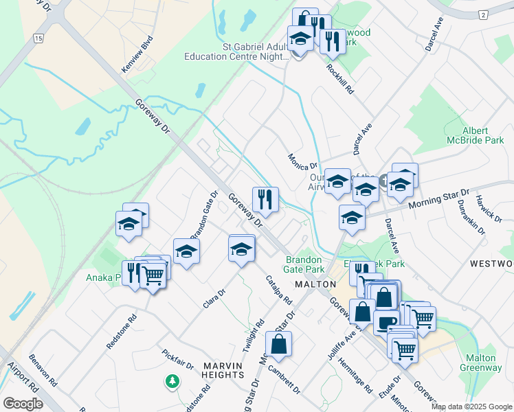map of restaurants, bars, coffee shops, grocery stores, and more near 7555 Goreway Drive in Mississauga