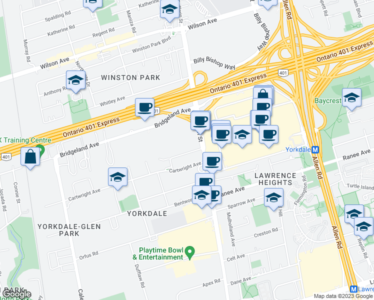 map of restaurants, bars, coffee shops, grocery stores, and more near 14 Jane Osler Boulevard in Toronto