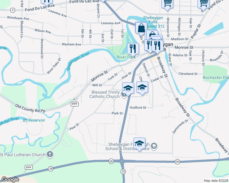 map of restaurants, bars, coffee shops, grocery stores, and more near 109 Mill Street in Sheboygan Falls