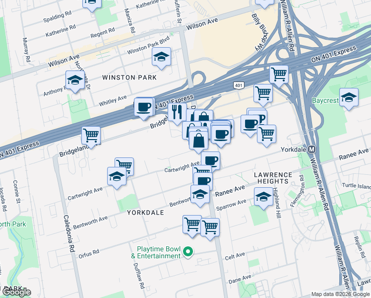 map of restaurants, bars, coffee shops, grocery stores, and more near 14 Jane Osler Boulevard in Toronto