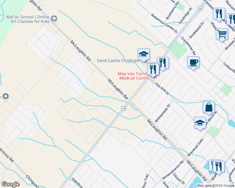 map of restaurants, bars, coffee shops, grocery stores, and more near 12046 McLaughlin Road in Cheltenham