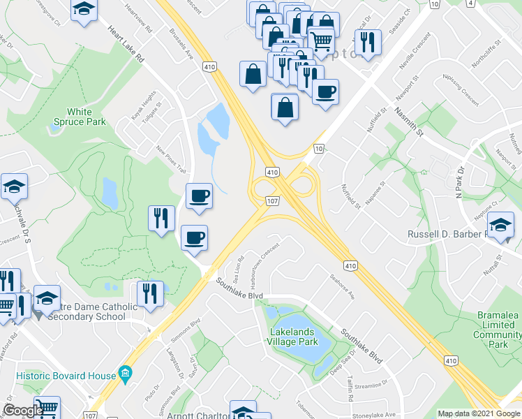 map of restaurants, bars, coffee shops, grocery stores, and more near Highway 410 in Brampton