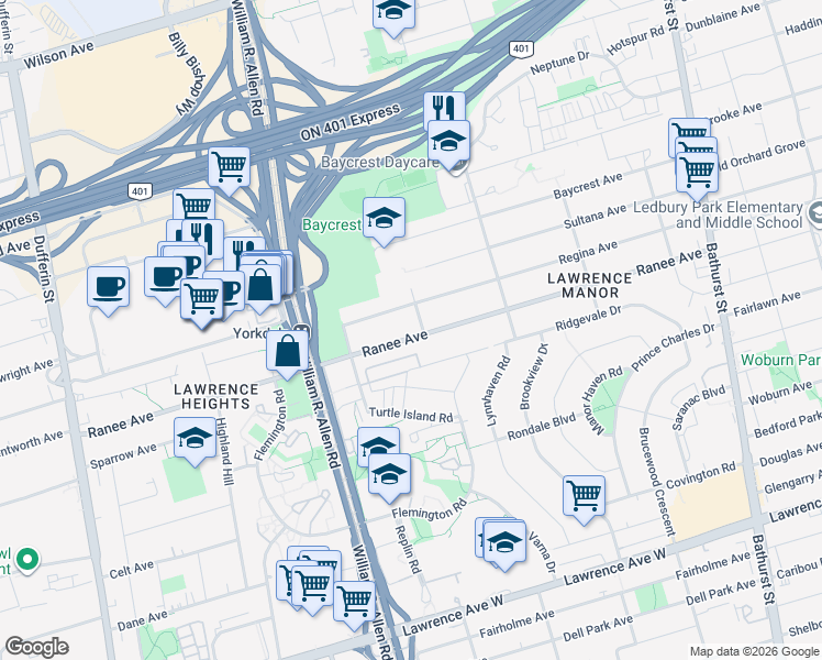 map of restaurants, bars, coffee shops, grocery stores, and more near 151 Mikado Avenue in Toronto
