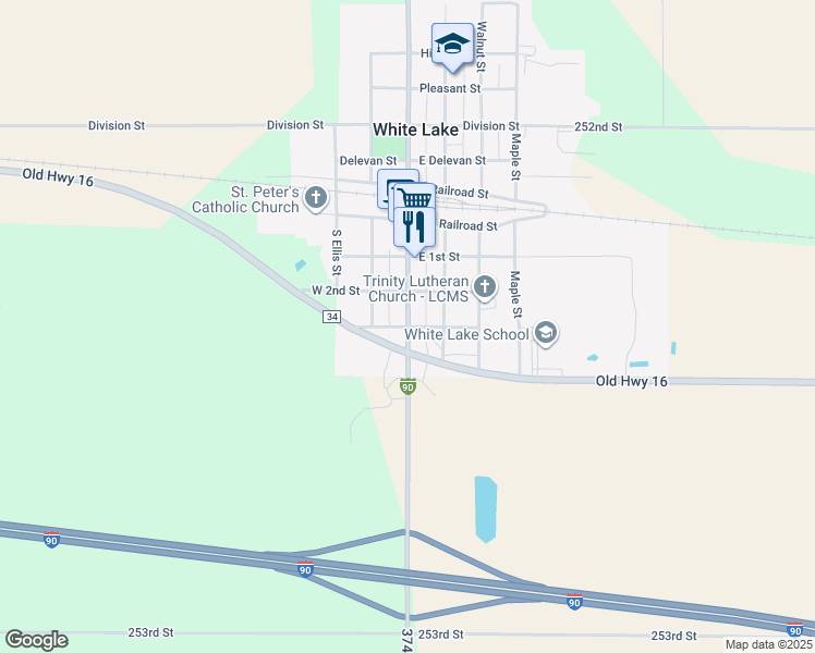 map of restaurants, bars, coffee shops, grocery stores, and more near South Main Street in White Lake