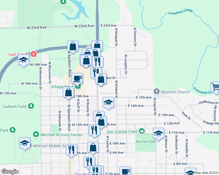 map of restaurants, bars, coffee shops, grocery stores, and more near 200 East 15th Avenue in Mitchell