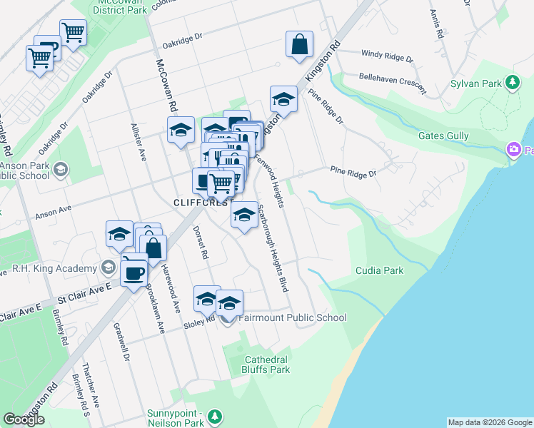 map of restaurants, bars, coffee shops, grocery stores, and more near 67 Scarborough Heights Boulevard in Toronto