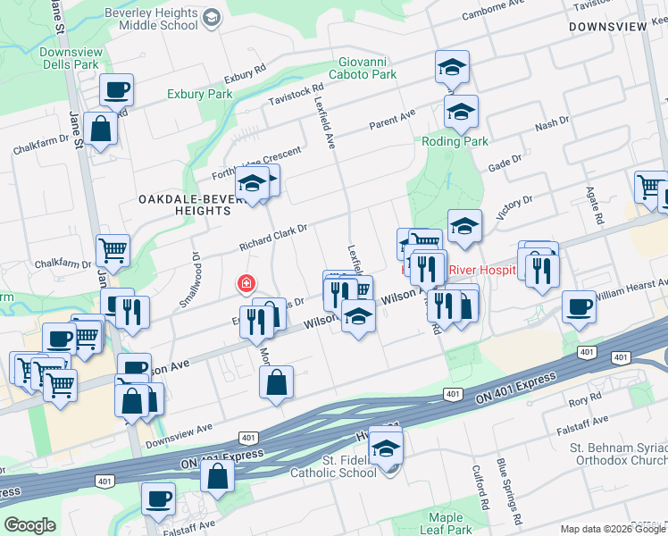 map of restaurants, bars, coffee shops, grocery stores, and more near 9 Clevedon Street in Toronto
