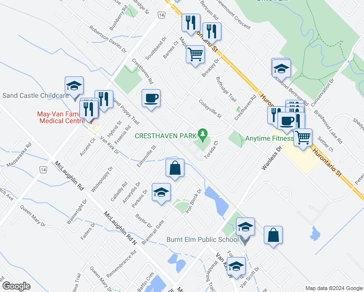 map of restaurants, bars, coffee shops, grocery stores, and more near 200 Cresthaven Road in Brampton