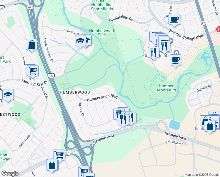 map of restaurants, bars, coffee shops, grocery stores, and more near 700 Humberwood Boulevard in Toronto